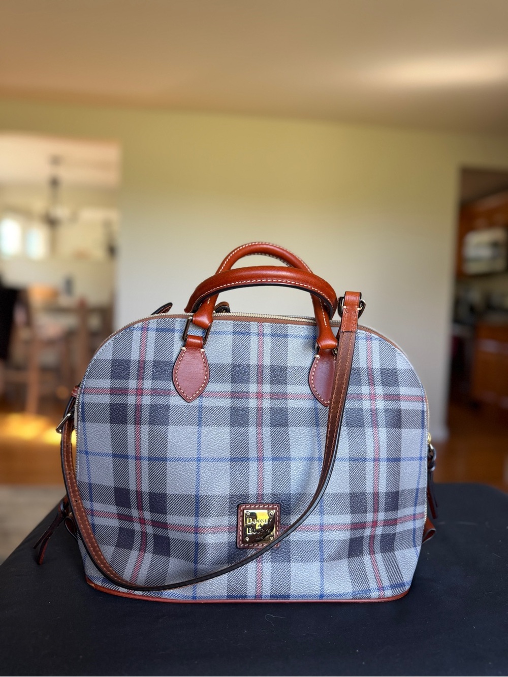 Dooney & Bourke Gray Plaid Satchel with Brown Leather Trim